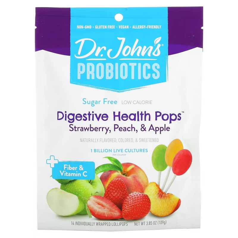 Dr. John's Healthy Sweets, Probiotics, Digestive Health Pops, + Fiber & Vitamin C, Strawberry, Peach & Apple, Sugar Free, 1 Billion, 14 Individually Wrapped Lollipops, 3.85 oz (109 g)