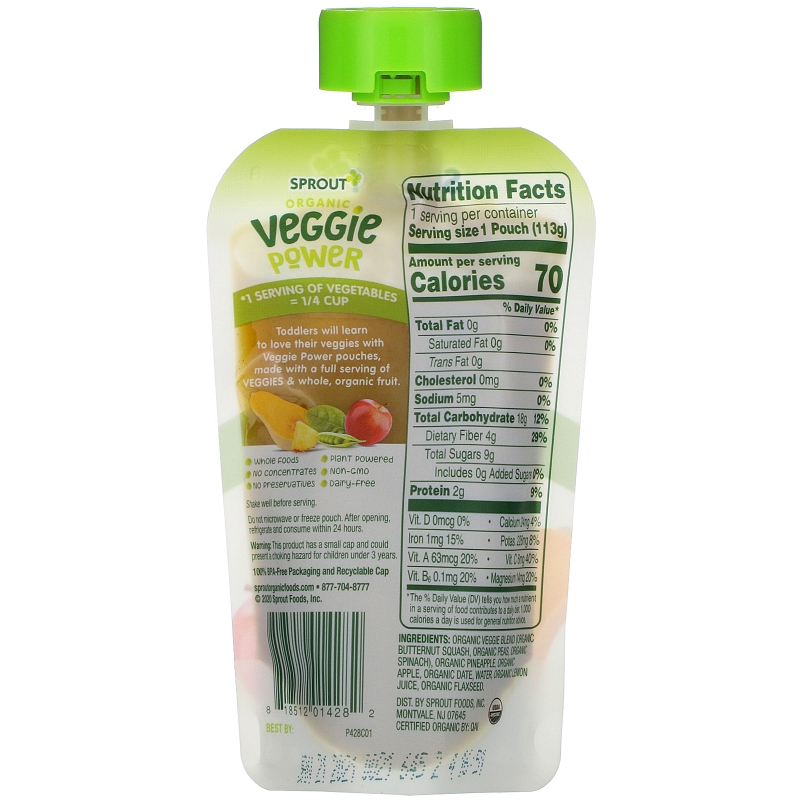 Sprout Organic, Veggie Power, Green Veggies with Pineapple & Apple, 4 oz (113 g)