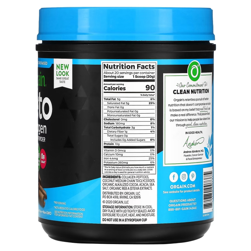 Orgain, Keto, Collagen Protein Powder, Chocolate, 14.1 oz (400 g)