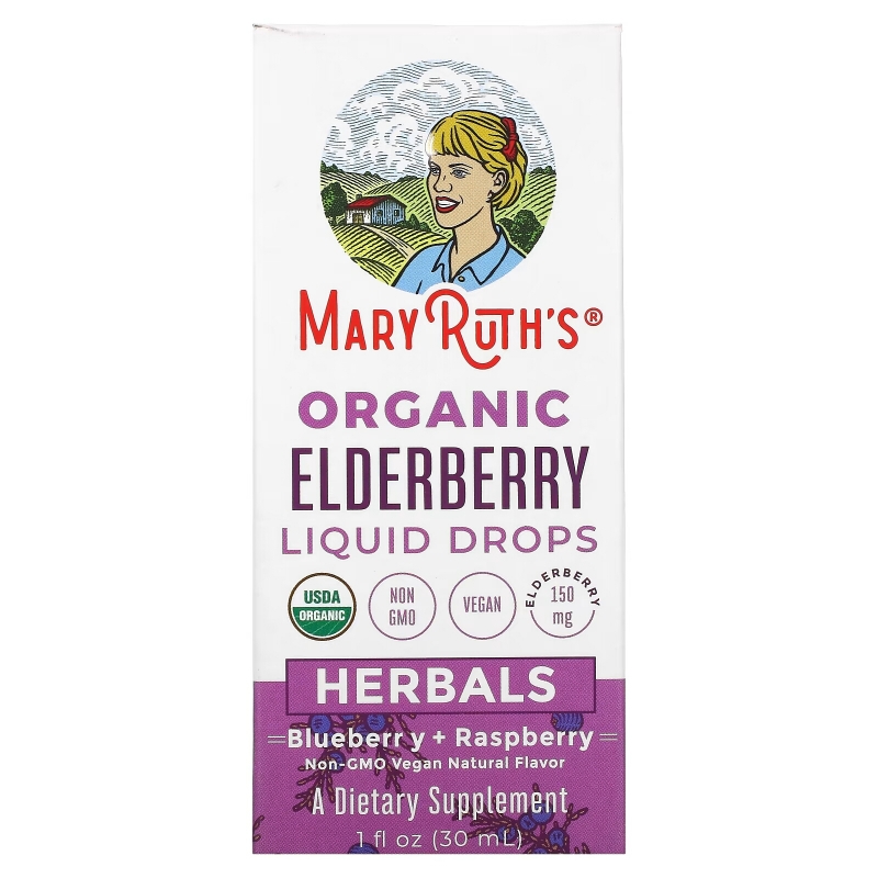 MaryRuth Organics, Organic Elderberry Liquid Drops, Herbals, Blueberry + Raspberry, 1 fl oz (30 ml)